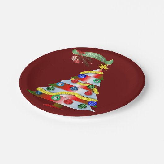 Weihnachtsbuch-Teller, Weihnachtsbaum Pappteller (Schrägansicht)