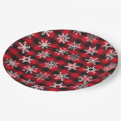 Weihnachtsbüffel Rote Schneeflocken kariertes Must Pappteller (Schrägansicht)