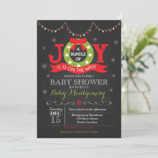 Weihnachtsbundle Joy Baby Shower Einladung (Stehend Vorderseite)