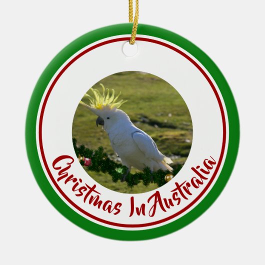Weihnachtscockatoo auf der dekorierten Kiefernzwei Keramik Ornament (Vorne)