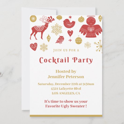Weihnachtscocktail Party Einladung Gold Red Nordic (Vorderseite)
