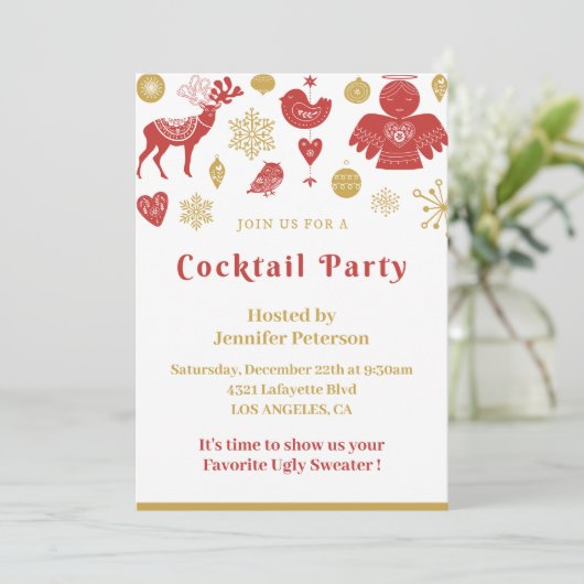 Weihnachtscocktail Party Einladung Gold Red Nordic (Stehend Vorderseite)