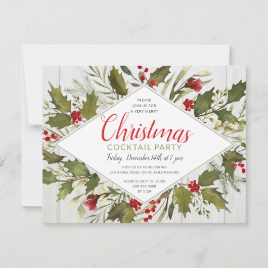 Weihnachtscocktail Party Wasserfarbe Vintag Holly Einladung (Vorderseite)