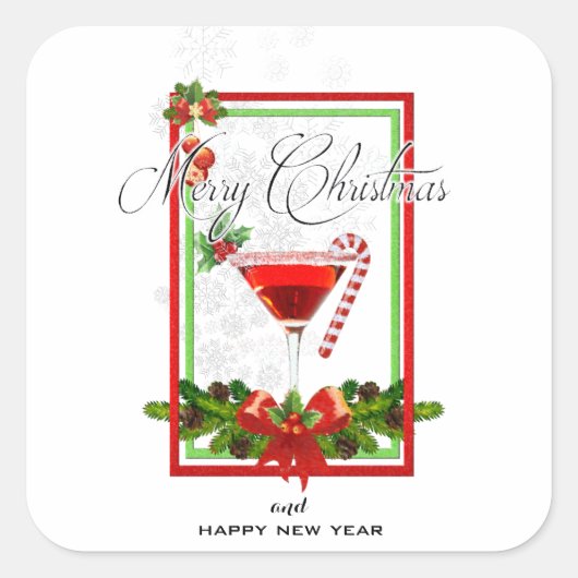 Weihnachtscocktail Watercolor Art Quadratischer Aufkleber (Vorderseite)