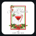 Weihnachtscocktail Watercolor Art Quadratischer Aufkleber<br><div class="desc">Ein Weihnachtsdesign mit eleganten Rahmen in Weihnachtsrot und -grün,  ein roter Weihnachtscocktail mit Weihnachtskerzenstock,  Winterkirschen,  Kiefernäste mit rotem Band,  Weihnachtsschmuck und sanfte Schneeflocken im Hintergrund. Personalisieren Sie den Text,  indem Sie ihn ändern. Gute Ferien!</div>