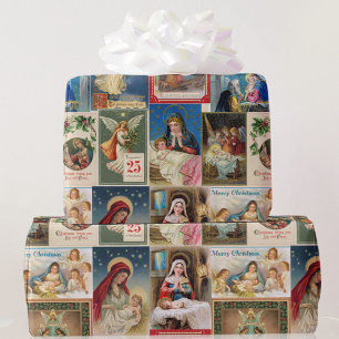 Weihnachtscollage aus antiken Postkarten Jesus Eng Geschenkpapier