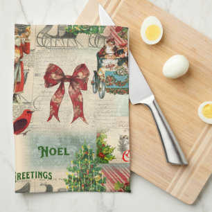Weihnachtscollage im Vintage-Stil Geschirrtuch
