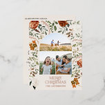 Weihnachtscreme, botanisch elegant 3 Foto Folien Feiertagspostkarte<br><div class="desc">Natürliche Creme,  schwarz,  Terrakotta und Salbei grün blühende botanische elegante Blumen 3 Foto Frohe Weihnachtskarte. Goldtypografie in Echtfolie,  Silber und Rose.</div>