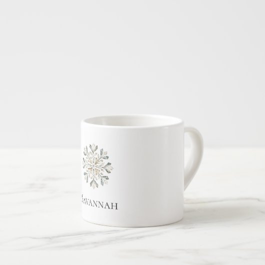 Weihnachtscreme Green Gold Snowflake Name Espressotasse (Vorderseite Rechts)