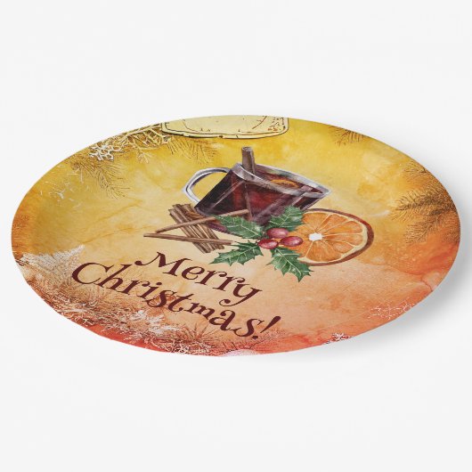Weihnachtscup Orange Holly Berry Cinnamon Gruß Pappteller (Schrägansicht)