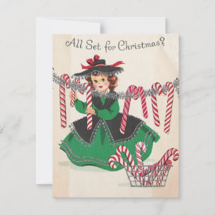 Weihnachtsdame mit hängenden Candy Canes im Vintag Feiertagskarte