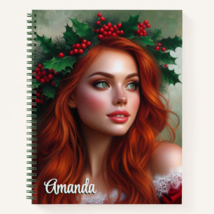 Weihnachtsdame mit Holly Blätter Spiral Notebook Notizblock