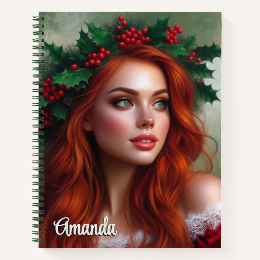 Weihnachtsdame mit Holly Blätter Spiral Notebook Notizblock (Vorderseite)