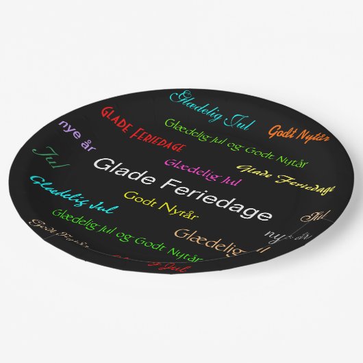 Weihnachtsdänische Glade Feriedage Pappteller (Schrägansicht)