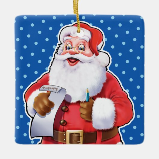 Weihnachtsdekoration Der Weihnachtsmann überprüft Keramikornament (Vorderseite)