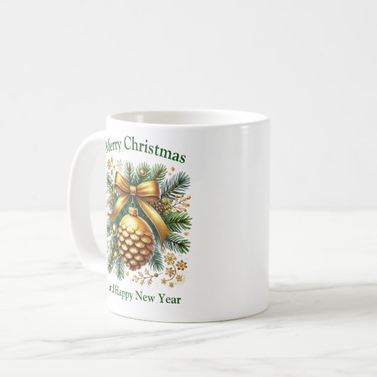Weihnachtsdekoration Kiefernzapfen Weiß Grün und G Kaffeetasse (Vorderseite Links)
