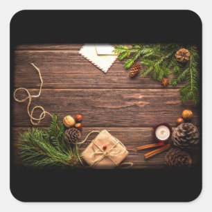Weihnachtsdekoration mit Holz und Kiefer Quadratischer Aufkleber