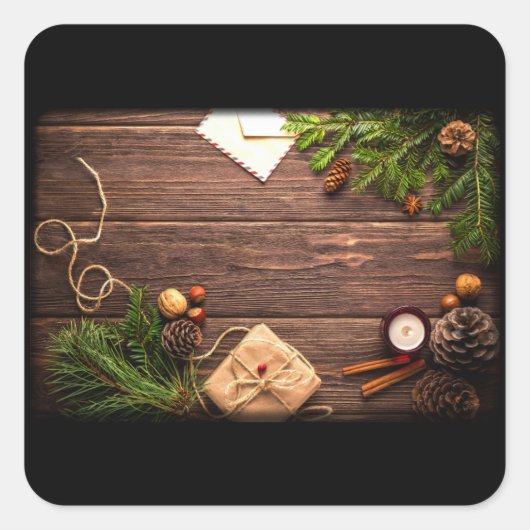 Weihnachtsdekoration mit Holz und Kiefer Quadratischer Aufkleber (Vorderseite)