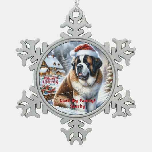 Weihnachtsdekoration St. Bernard individuell zuges Schneeflocken Zinn-Ornament (Vorderseite)