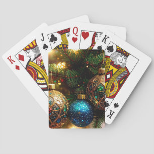 Weihnachtsdekorationen auf Immergrünem Baum Feiert Spielkarten