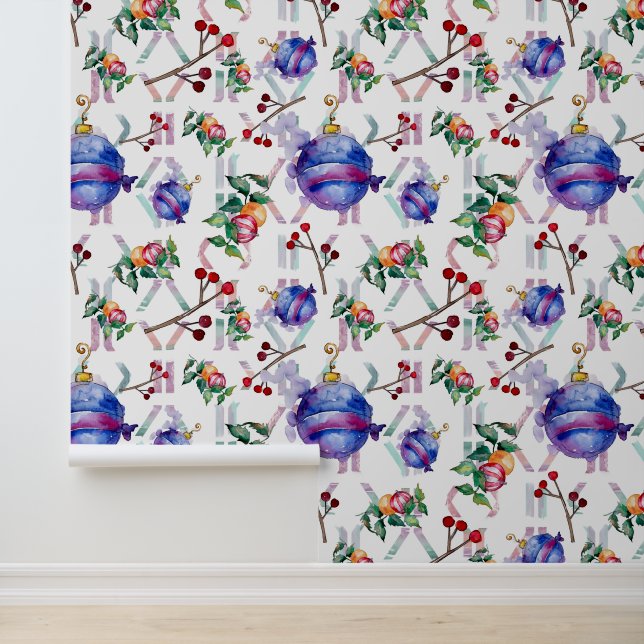 Weihnachtsdekorationen in Aquarellen Blau Rot Tapete (Anwendung)