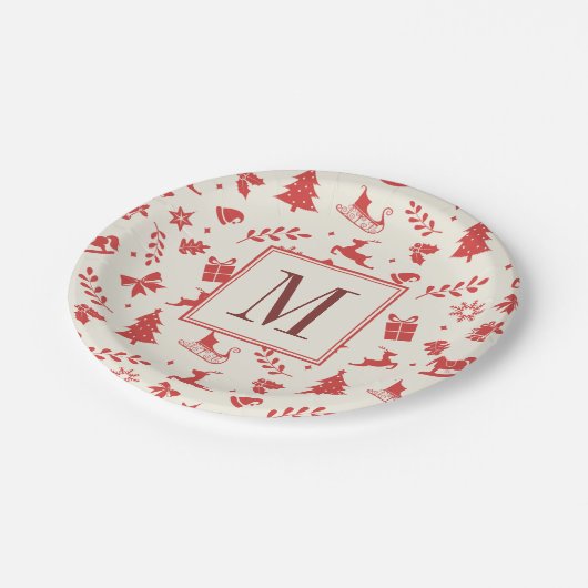 Weihnachtsdekorative Familien-Monogramm-Initiale Pappteller (Schrägansicht)