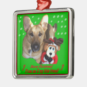 Weihnachtsdeutscher Schäferhund & Spielzeug-Rentie Silbernes Ornament