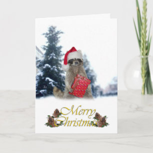 Weihnachtsdieb Waschbär mit Geschenk Feiertagskarte