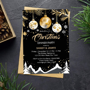 Weihnachtsdinnerparty Gold- und schwarze Kugeln Einladung