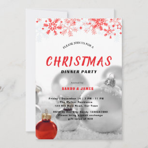 Weihnachtsdinnerparty Silber Rot Baubles Einladung