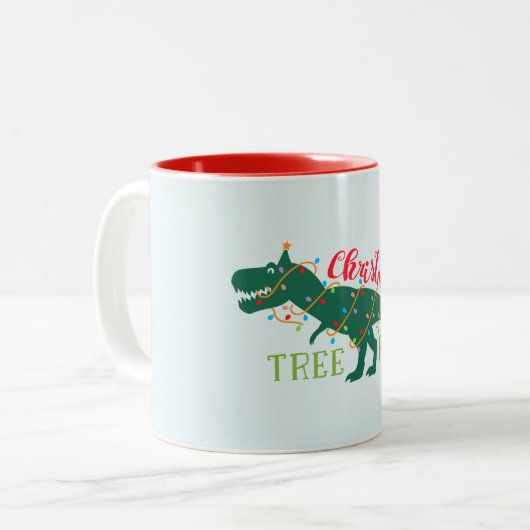 Weihnachtsdino-Dinosaurier lustiges T-Rex Zweifarbige Tasse (Vorderseite Links)