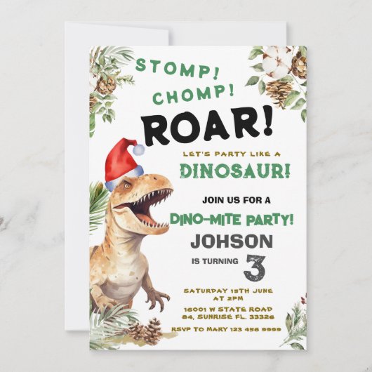 Weihnachtsdino Stomp Chomp Roar Geburtstag Einladung (Vorderseite)
