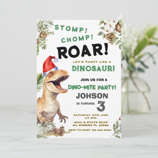 Weihnachtsdino Stomp Chomp Roar Geburtstag Einladung (Stehend Vorderseite)