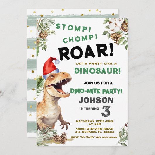 Weihnachtsdino Stomp Chomp Roar Geburtstag Einladung (Vorne/Hinten)
