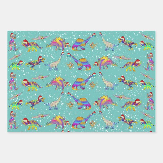 Weihnachtsdinosaurier im Schnee Geschenkpapier Set (Vorderseite)