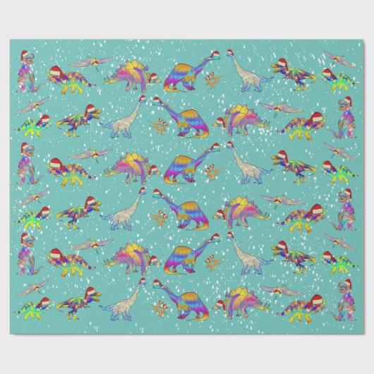 Weihnachtsdinosaurier in Weihnachtsmannmützen Geschenkpapier (Flach)
