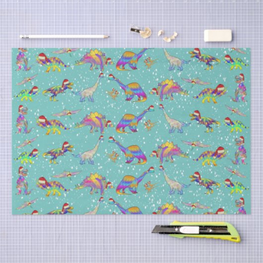 Weihnachtsdinosaurier in Weihnachtsmannmützen Seidenpapier (Handwerk)