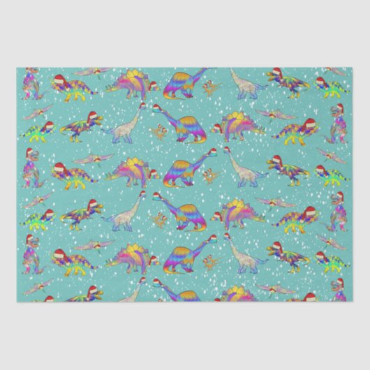 Weihnachtsdinosaurier in Weihnachtsmannmützen Seidenpapier (Vorderseite)