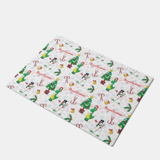 Weihnachtsdinosaurier und Schneemann Fußmatte (Schrägansicht)