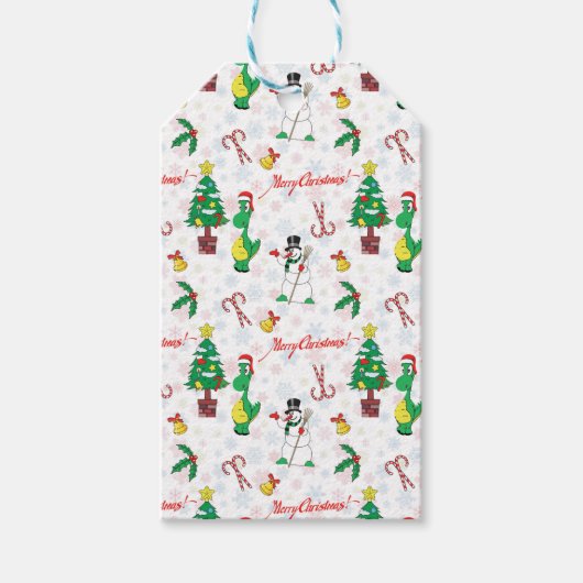 Weihnachtsdinosaurier und Schneemann Geschenkanhänger (Vorderseite)