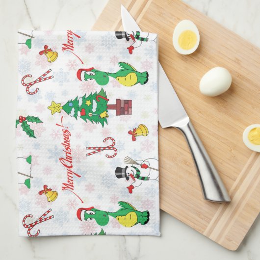 Weihnachtsdinosaurier und Schneemann Geschirrtuch (Viertel Falte)