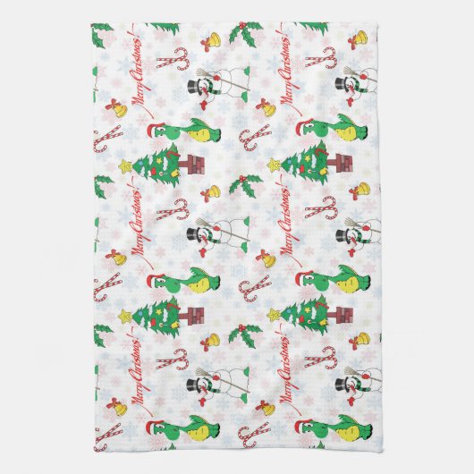 Weihnachtsdinosaurier und Schneemann Geschirrtuch (Vertikal)