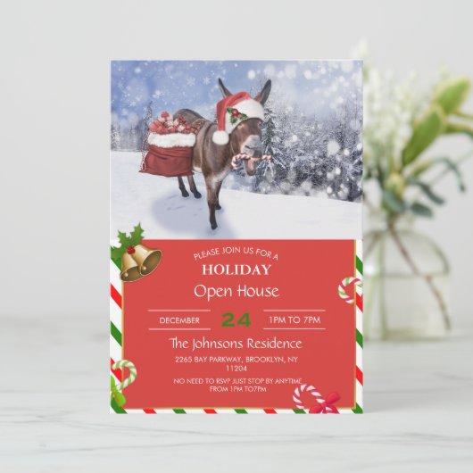 Weihnachtsdonkey mit lustigem rotem Hut Einladung (Stehend Vorderseite)