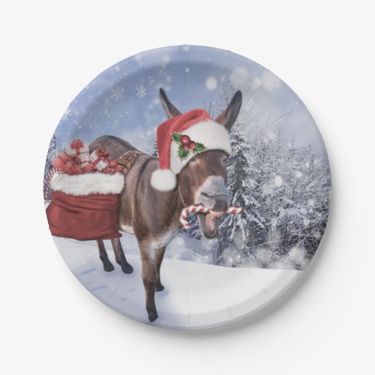 Weihnachtsdonkey mit lustigem rotem Hut Pappteller (Vorderseite)