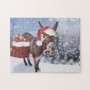 Weihnachtsdonkey mit lustigem rotem Hut Puzzle