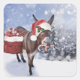Weihnachtsdonkey mit lustigem rotem Hut Quadratischer Aufkleber