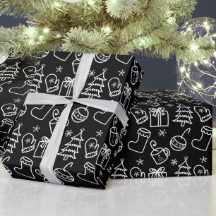 Weihnachtsdoodles Schwarz & Weiß Minimalistisches  Geschenkpapier