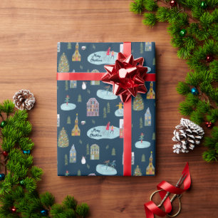 Weihnachtsdorf Blaues Muster 'Frohe Weihnachten' Geschenkpapier