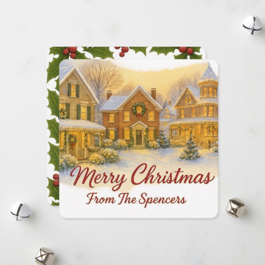 Weihnachtsdorf & Holly Foto Feiertagskarte (Vorderseite/Rückseite Beispiel)