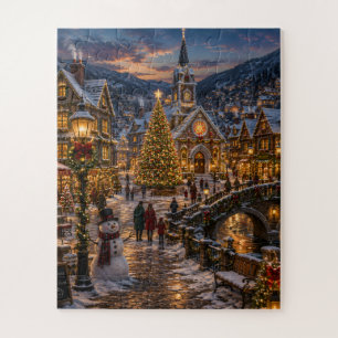 Weihnachtsdorf im Schnee bei Dämmerung Puzzle